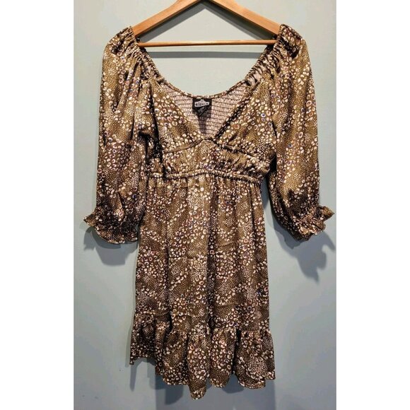 Brown Multicolor Spotted 3/4 Sleeve Empire Waist Flowy Mini Dress Sz M Coquette - Picture 1 of 8